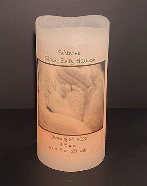 New Baby, Baptism, Christening PERSONALIZED 4 x 8 Flameless LED Candle