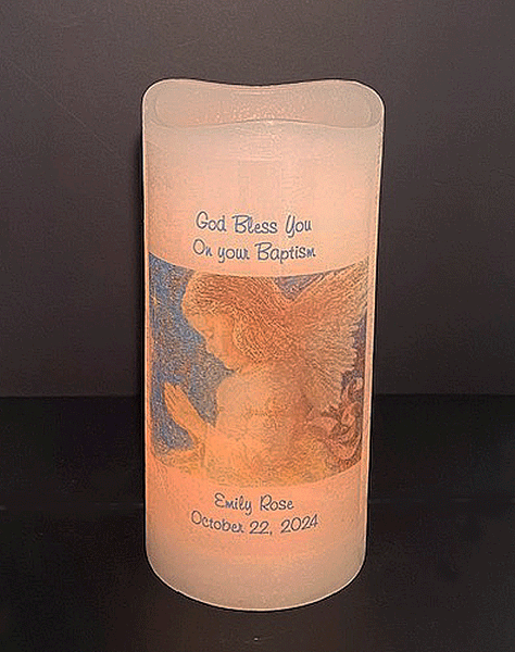 Baptism or Christening PERSONALIZED 4 x 8 Flameless LED Candle with Angel Graphic and Timer