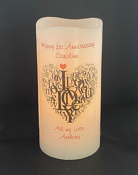 "I Love You" PERSONALIZED Anniversary or Wedding 4 x 8 Flameless LED Candle