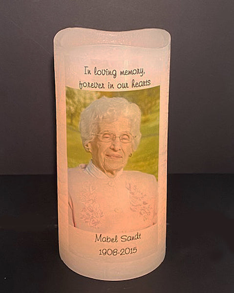 Memorial Candle for loved one , PERSONALIZED with Photo on 4 x 8 Flameless LED Candle