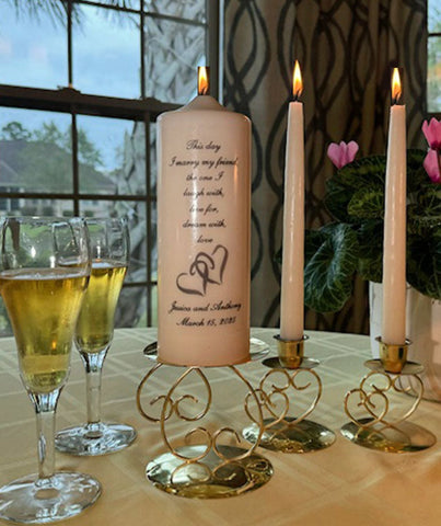 PERSONALIZED Double Heart Wedding Unity Candle Set with choice of verse, white or ivory