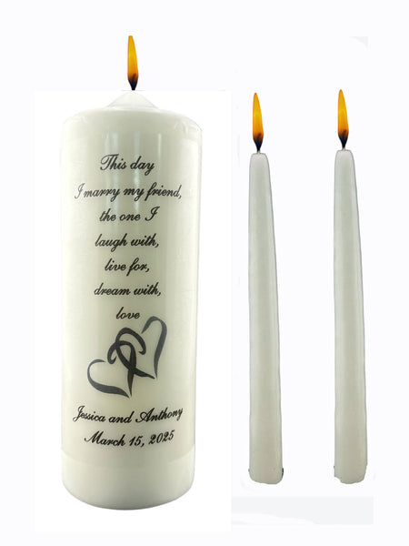 PERSONALIZED Double Heart Wedding Unity Candle Set with choice of verse, white or ivory